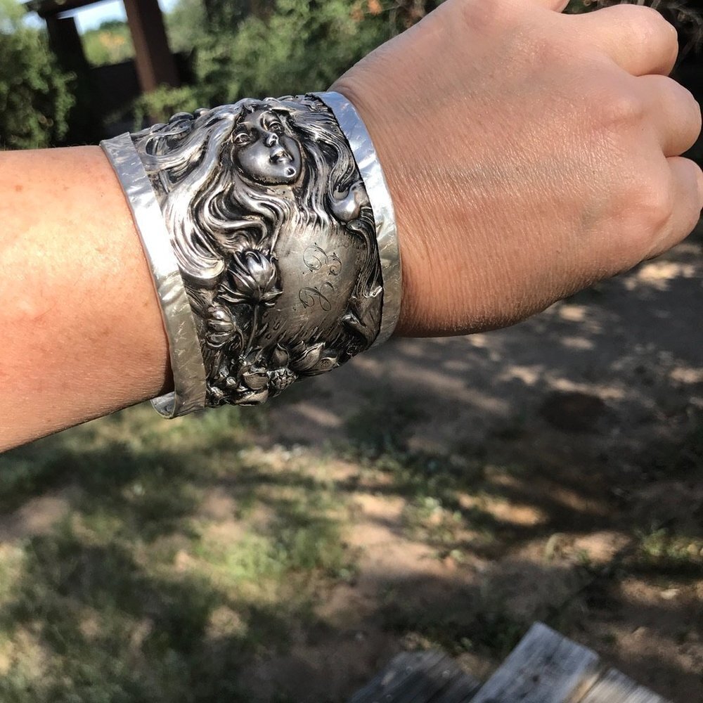 Antique Art Nouveau American Beauty Sterling Silver 925 Cuff Bracelet Lady Face - Picture 13 of 13